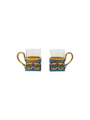 Russian silver gilt and cloisonné enamel pair of vodka cups, Moscow , Ivan Saltykov.