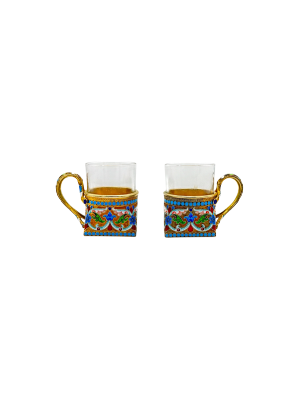 Russian silver gilt and cloisonné enamel pair of vodka cups, Moscow , Ivan Saltykov. - image 1