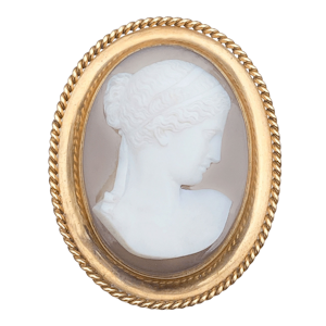 Hardstone Cameo Brooch in 18ct Gold Etruscan Frame | French, c.1860s