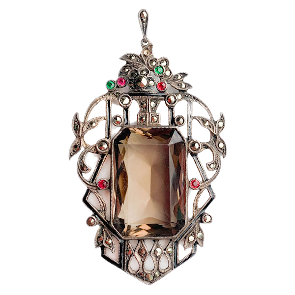 Smoky Quartz & Marcasite Art Deco Pendant in Silver | English c.1920s - image 1