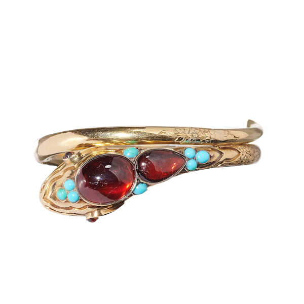 Victorian Garnet Turquoise and Gold Snake Bangle, Circa 1900 - image 1
