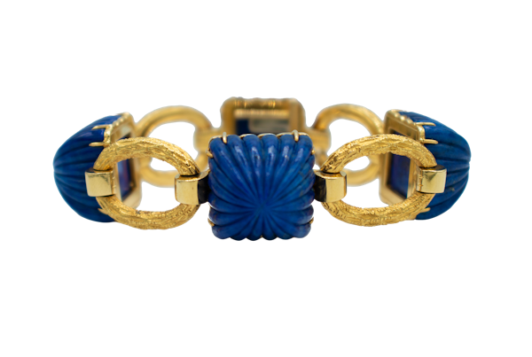 Vintage Carved Lapis Lazuli & 18ct Hammered Gold Bracelet - image 1