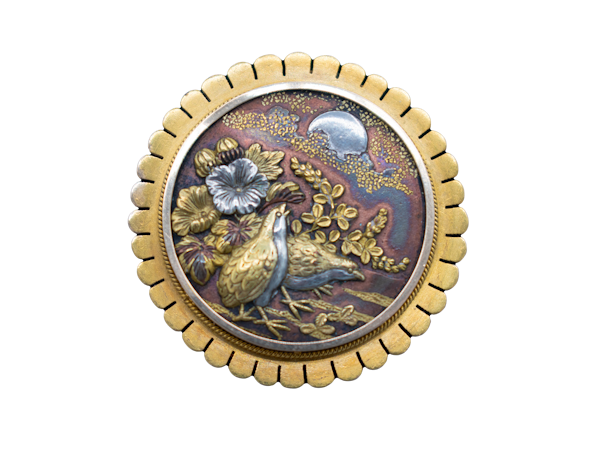 Antique Shakudō Brooch – Birds, Blossoms & Moonlit Scene - image 1