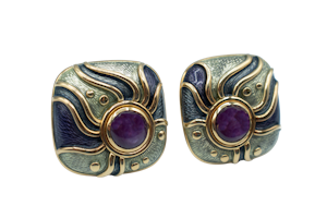 De Vroomen Amethyst & Enamel Earrings in 18ct Gold