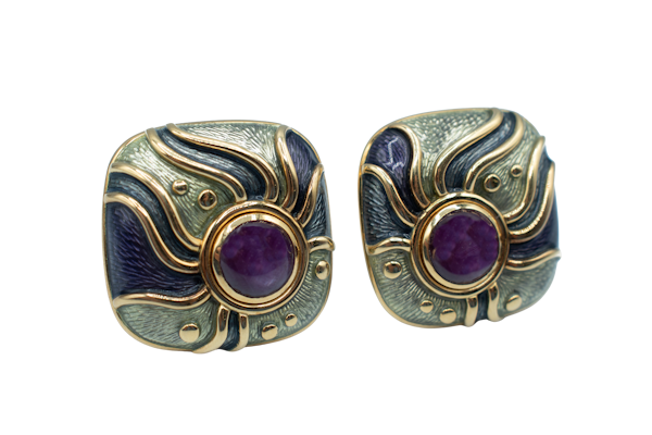 De Vroomen Amethyst & Enamel Earrings in 18ct Gold - image 1