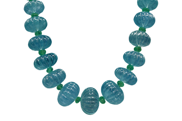 Natural Carved Aquamarine & Emerald Bead Necklace - image 1