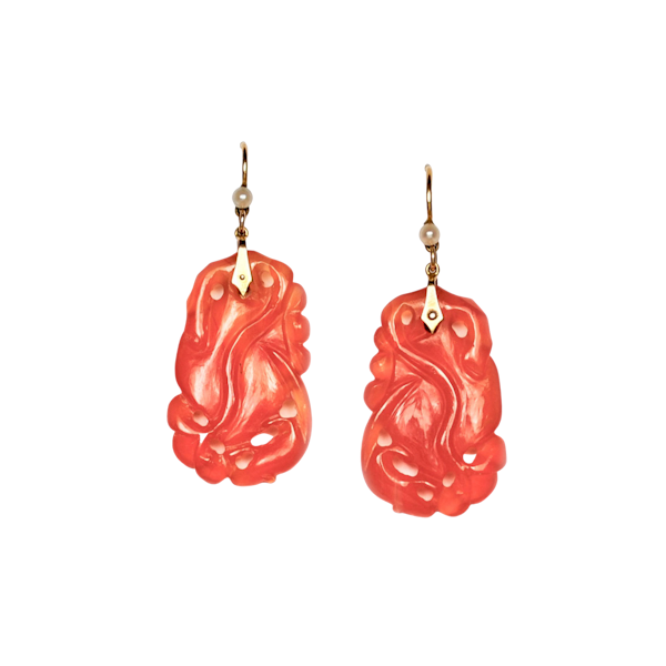Arts & Crafts Carnelian & Pearl Drop Earrings in 18ct Gold | c.1920s - image 2