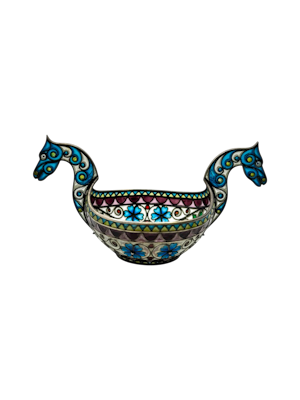 Antique Norwegian silver and plique-a-jour, guilloche enamel kovsh boat, c.1900, Marius Hammer.