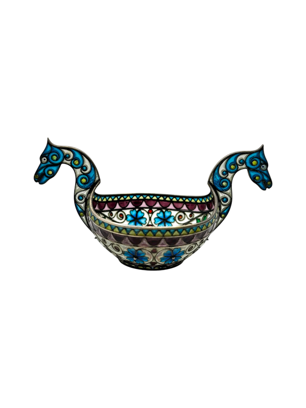 Antique Norwegian silver and plique-a-jour, guilloche enamel kovsh boat, c.1900, Marius Hammer. - image 1