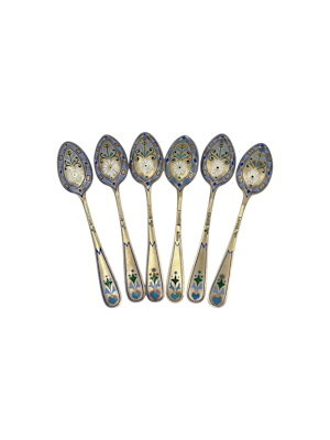 Russian silver gilt and champleve enamel set of six coffee spoons, Moscow, 1884 by Pavel Ovchinnikov.