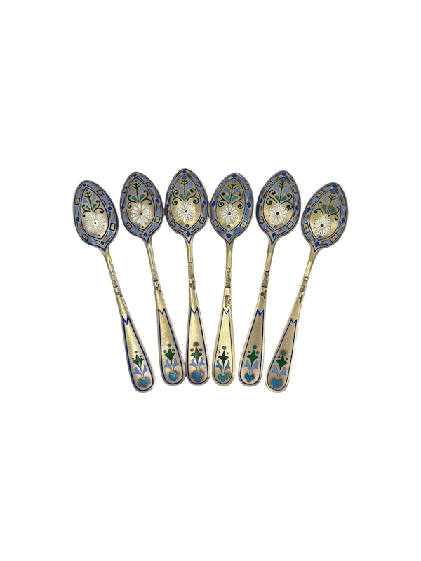 Russian silver gilt and champleve enamel set of six coffee spoons, Moscow, 1884 by Pavel Ovchinnikov. - image 1