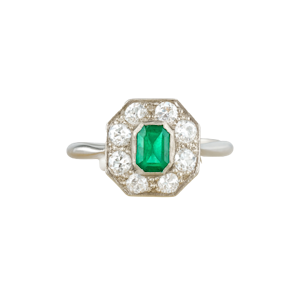 Art Deco Platinum Emerald & Diamond Halo Ring | c.1930s