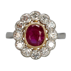 Burma Ruby, Diamond and Platinum Cluster Ring, 0.97 Carats