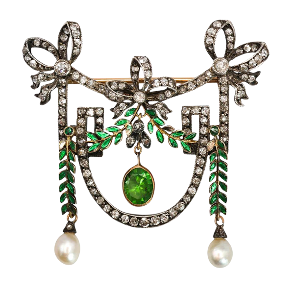 Edwardian Demantoid Garnet, Pearl, Diamond and Silver Upon Gold Brooch, Circa 1905 - image 1