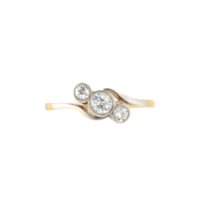 Three Stone Old Cut Diamond Twist Ring in Platinum & Gold | Art Deco c.1920