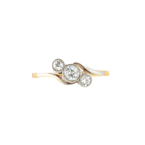 Three Stone Old Cut Diamond Twist Ring in Platinum & Gold | Art Deco c.1920 - image 1