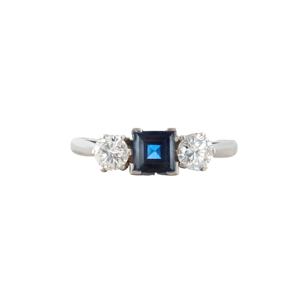 Sapphire & Diamond Three Stone Platinum Ring | English c.1940s - image 1