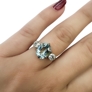 Aquamarine Diamond Trilogy Ring - Saddingtons Jewellery Stand 375