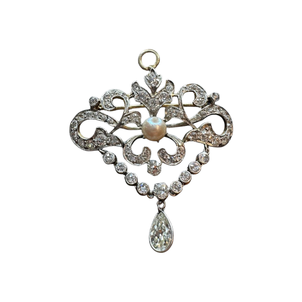 Edwardian Pearl & Diamond Elegance Brooch in Yellow Gold - image 1