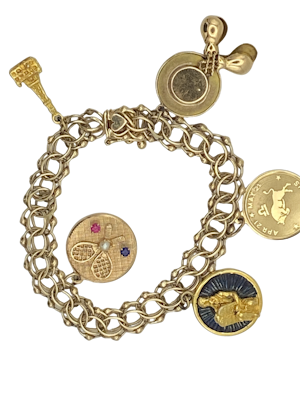 Vintage 14 ct. gold charm bracelet with charms in 14 ct. and 9 ct.