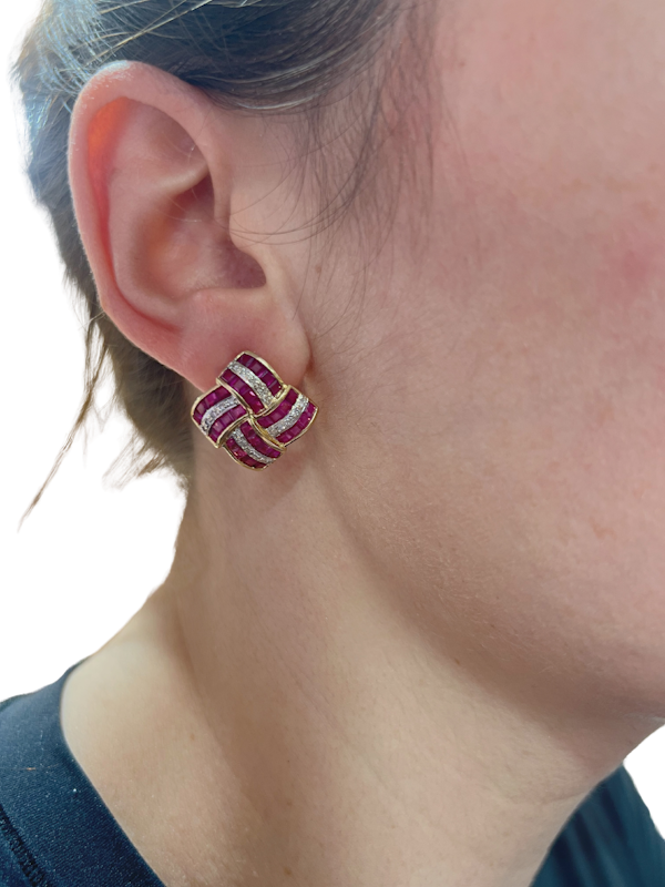 Ruby and Diamond Woven 18ct Gold Earrings Circa 1960s - image 5