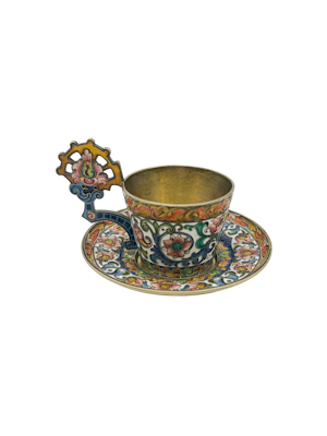 Faberge cloisonné and shaded enamel silver gilt cup and saucer, Moscow c.1900 by Fedor Ruckert.