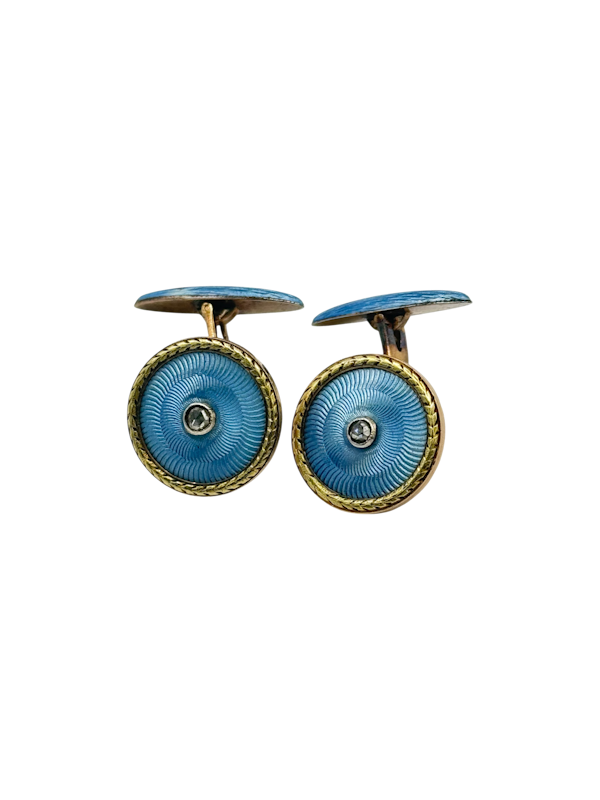 Russian gold and diamond with blue guilloche enamel pair of cufflinks, 1st Moscow Artel, c.1915. - image 1