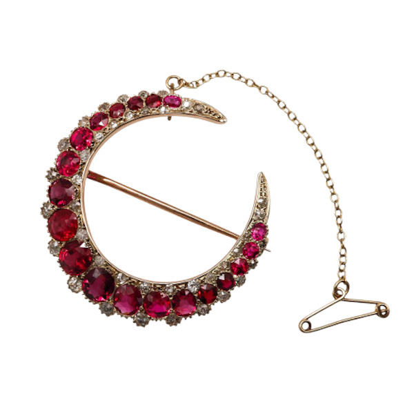 Antique Natural Red Spinel, Diamond and Gold Crescent Brooch, Circa 1890 - image 1