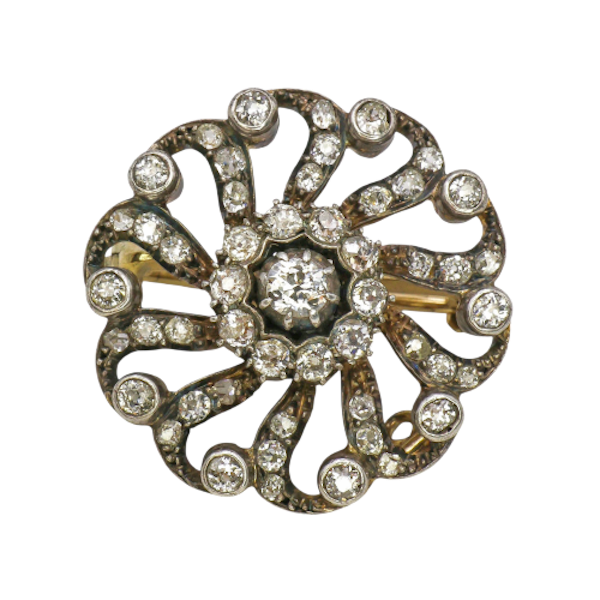 Victorian Diamond and Silver Upon Gold Pinwheel Cluster Brooch, Circa 1890 - image 1