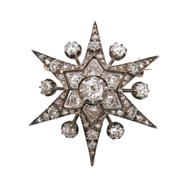 Antique Diamond and Silver Upon Gold Six Point Star Brooch, With Rays, Circa 1890 - image 1