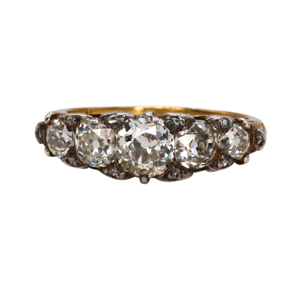 Antique Diamond, Silver and Gold Five Stone Carved Ring, Circa 1900 - image 1