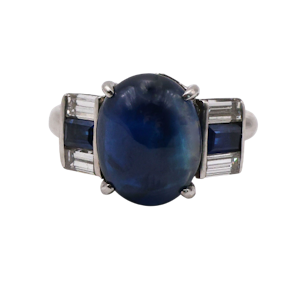 Art Deco Style Cabochon Sapphire, Diamond and Platinum Ring