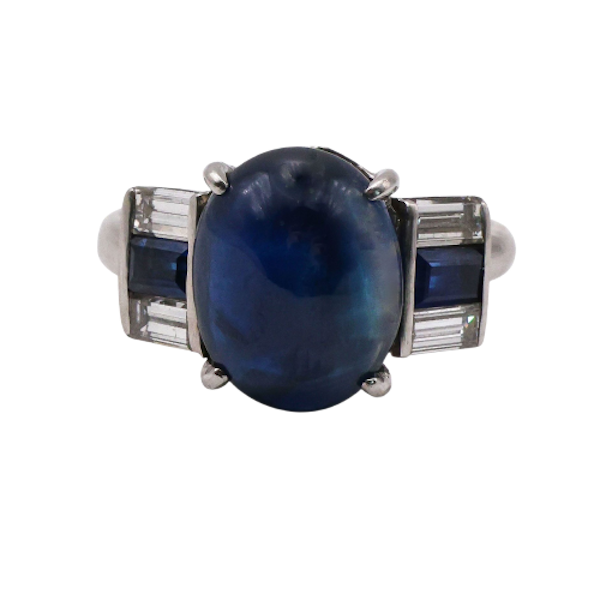 Art Deco Style Cabochon Sapphire, Diamond and Platinum Ring - image 1