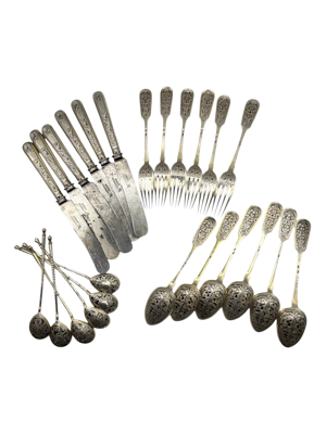 Russian silver and niello desert set for six people, Moscow, c.1890.