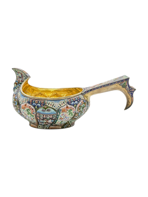 Russian silver gilt cloisonné and shaded enamel kovsh, Moscow, c.1910.