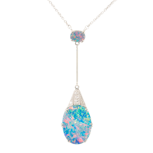 Art Deco Opal and Diamond Pendant Necklace - image 1