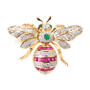 18ct Gold Bee Brooch with Diamonds, Rubies and Emeralds
