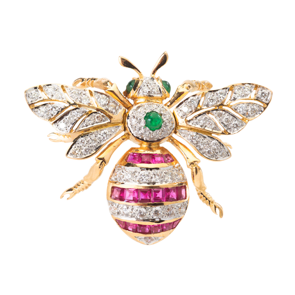 18ct Gold Bee Brooch with Diamonds, Rubies and Emeralds - image 1