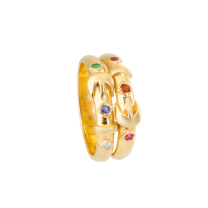 Victorian Ruby, Emerald, Sapphire & Diamond 18ct Gold Double Buckle Ring