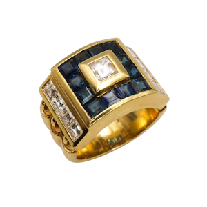 Vintage Gold "Tank" Ring – Blue Sapphire & Diamond Mosaic