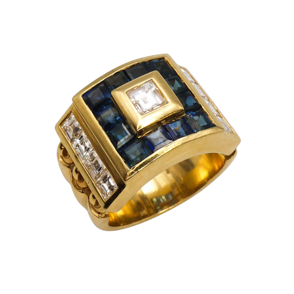 Vintage Gold "Tank" Ring – Blue Sapphire & Diamond Mosaic - image 2