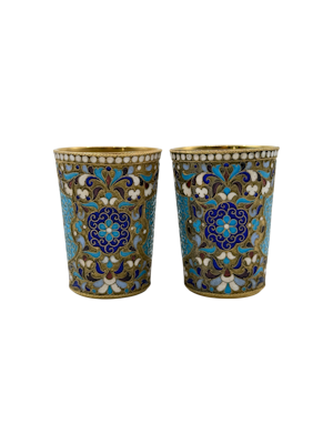 Russian silver gilt and cloisonné enamel pair of vodka cups, Moscow c.1900 by Dmitriy Nikolaev.