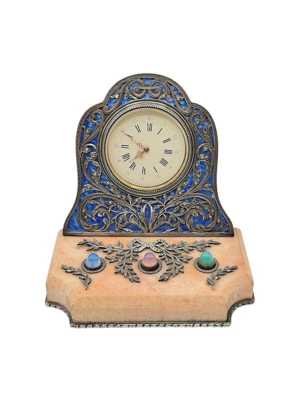 19th century French silver and guilloche enamel desk clock with bell pushes. - image 1