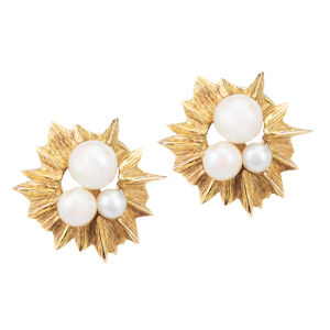Pair of Sixties 14ct Gold and Pearl Sunburst Clip Earrings