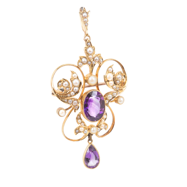 Belle Époque Amethyst & Pearl Pendant Brooch in 15ct Gold - image 1