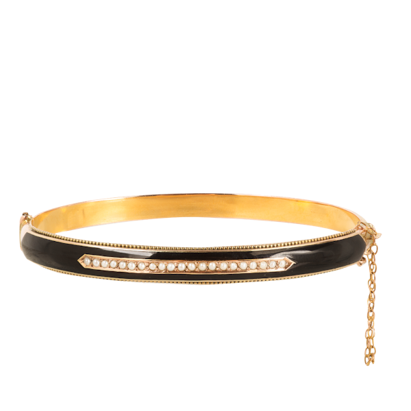 Victorian 9ct Gold Black Enamel & Seed Pearl Hinged Bangle - image 1