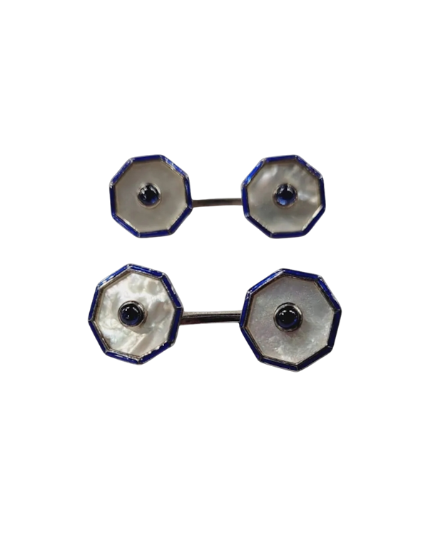 Pair of octagonal mother of pearl and cabochon sapphire cufflinks sku 8799 DBGEMS - image 1