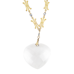 Art Deco Rock Crystal Heart Gold Necklace in with Sapphire Set Chain, c.1930s