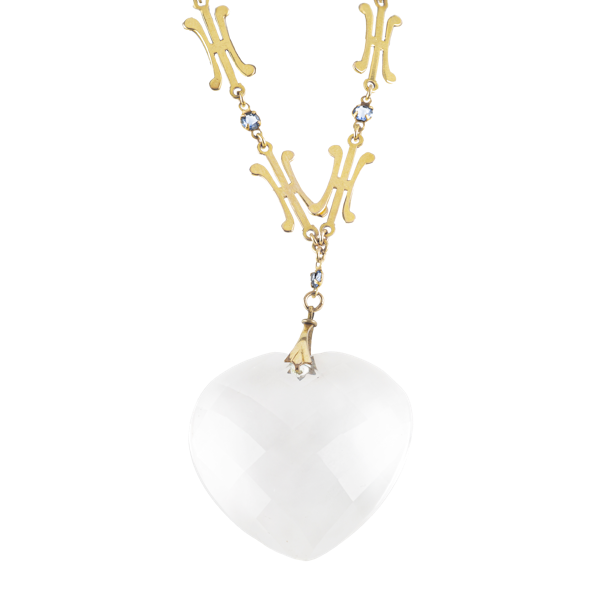 Art Deco Rock Crystal Heart Gold Necklace in with Sapphire Set Chain, c.1930s - image 1