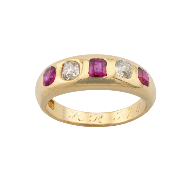 18ct Yellow Gold Ruby & Old Cut Diamond Gypsy 5-Stone Ring - Spectrum Antiques - image 1